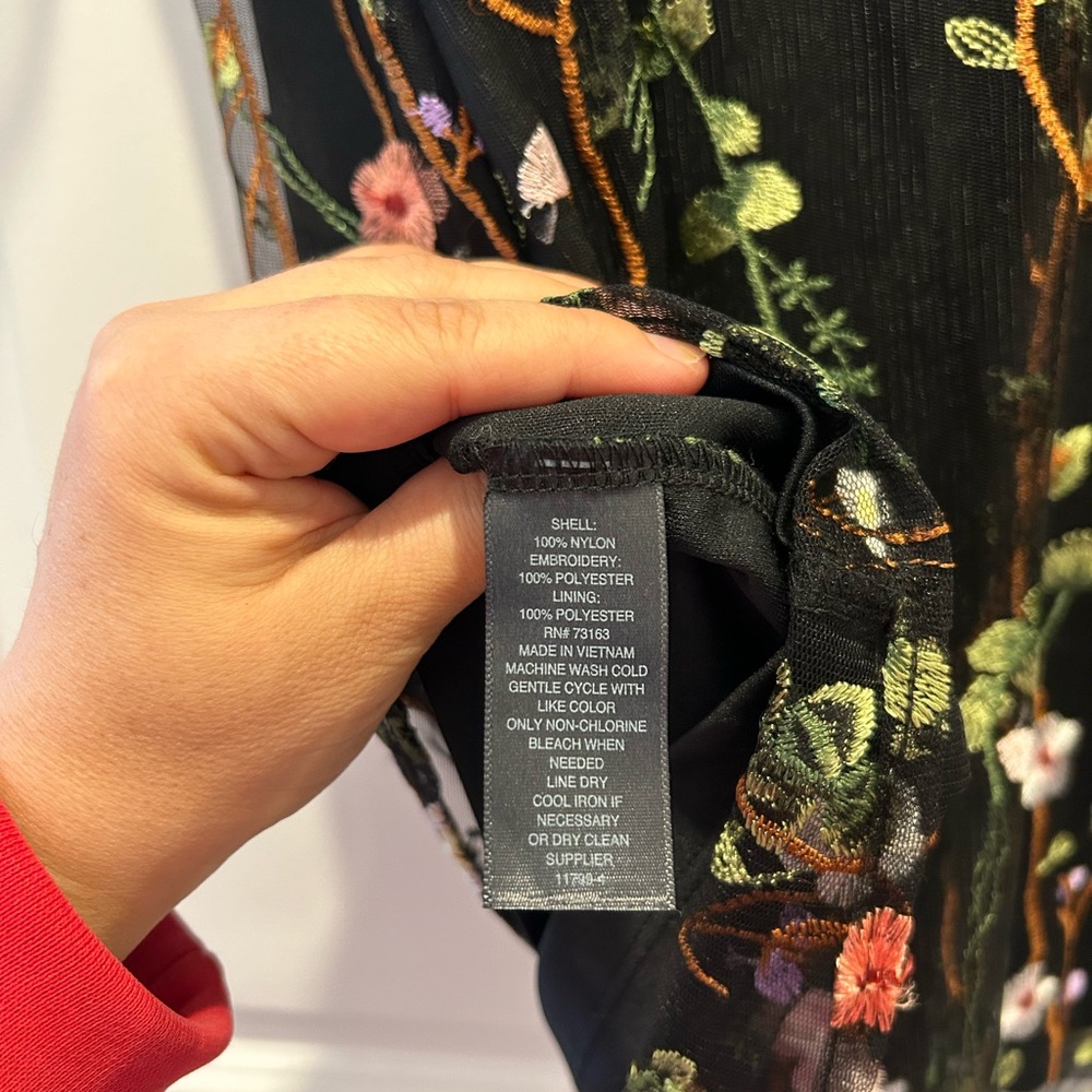 Worthington Floral Embroidered Mesh Overlay Mini Dress Black Sheer Sleeve Sz 12 - Picture 6 of 7